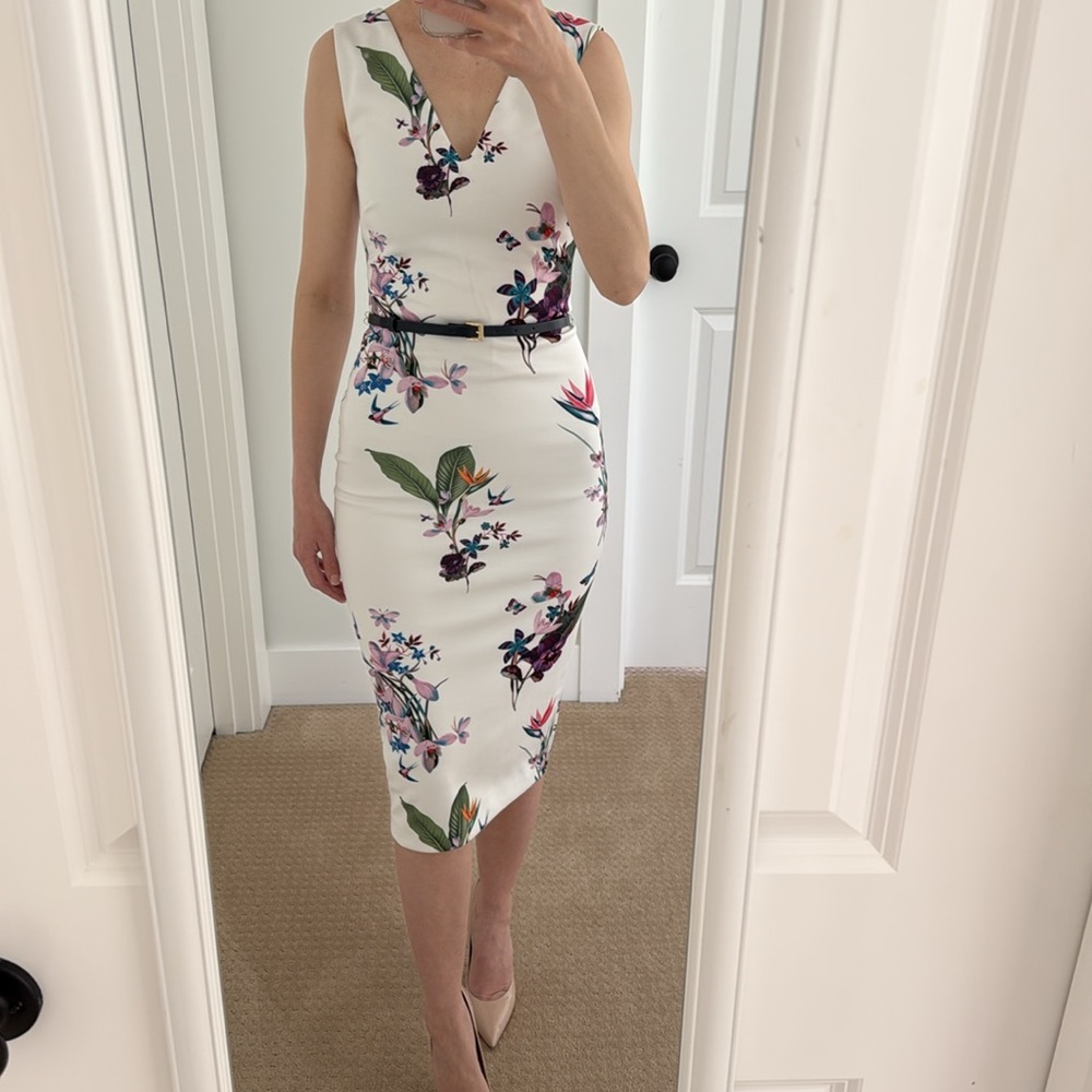 Ted Baker Cream Sleeveless V-Neck Sheath Midi Dress